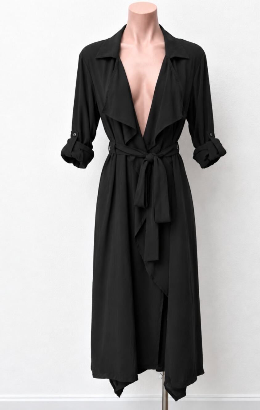 ReVamped Black Flowy Roll Tab Sleeve Tie Waist Waterfall Neck Wrap Dress Small